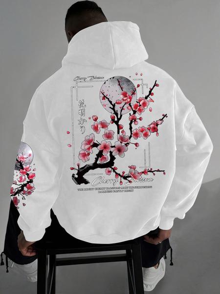 Men's Floral Print Drop Shoulder Thermal Lined Hoodie, Graphic Print Hoodie, Fashion Casual Regular Fit Drawstring Pocket Hooded Sweatshirt, Casual Streetwear Sweatshirt for Daily Holiday Outdoor Wear, Men Clothes for Fall & Winter