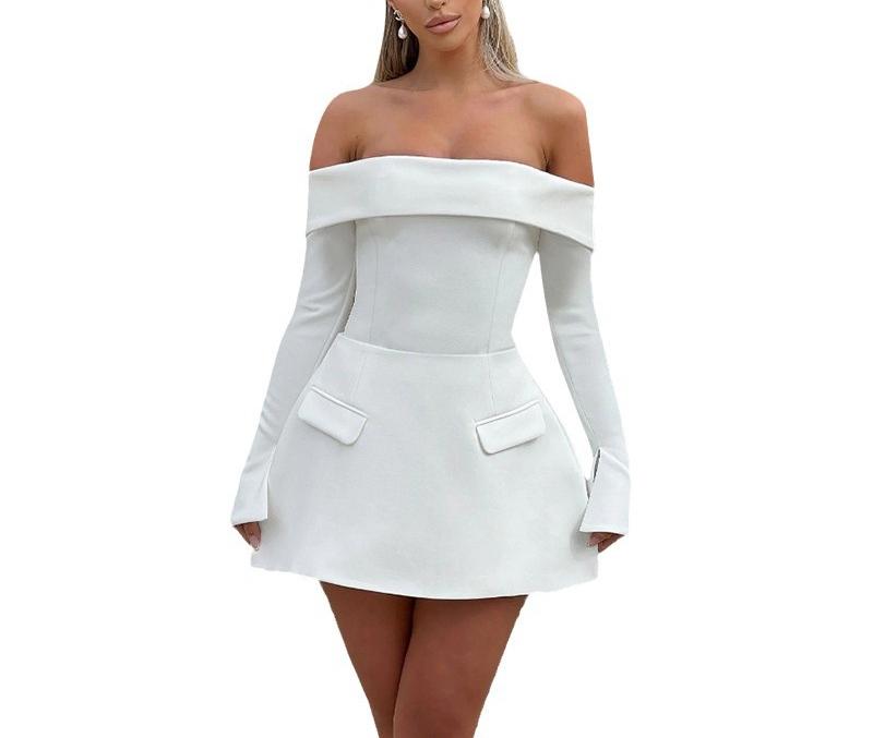 Fashionable Elegant Backless Off-Shoulder Tube Top Slim Fit Long Sleeve A-Line Dress for Women Formal Womenswear  Basic Minimalist White sundress