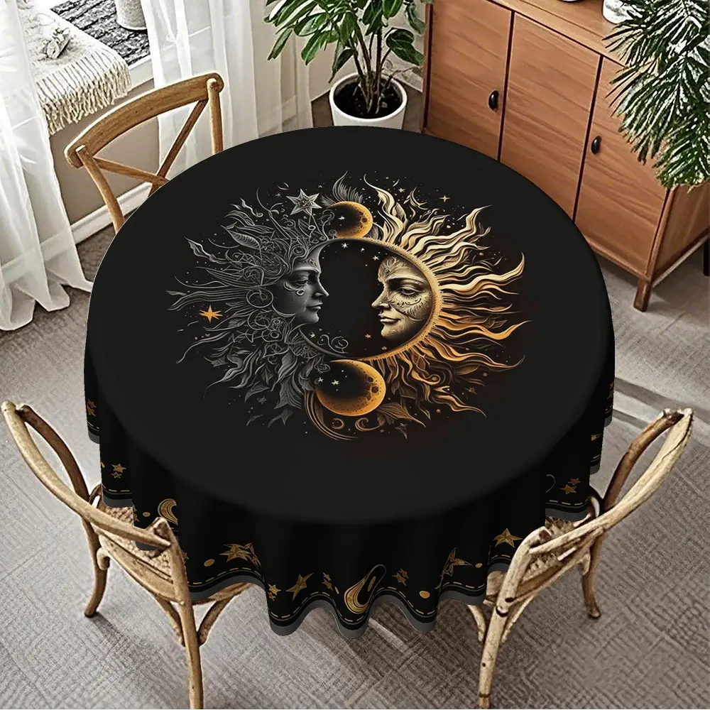 1pc Durable, sun, moon, and stars printed round tablecloth for kitchen and dining room, made of 120g/m² twill polyester, furniture-protecting table cover, party and gathering decoration, tabletop decor, suitable for hotels, restaurants, Living space