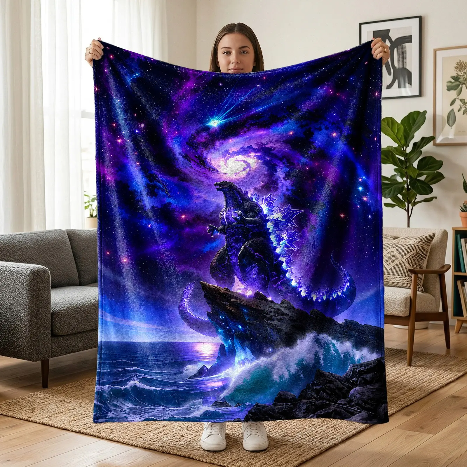 1pc Godzilla Space Monster Themed Fleece Blanket, Godzilla Silhouette, Blue Purple Nebula, Galaxy Swirl & Ocean Rocks All-Over Print, Dark Sci-Fi Movie Style. Soft Multi-use Throw for Sofa, Bed, Office, Camping, Perfect Christmas Gift.