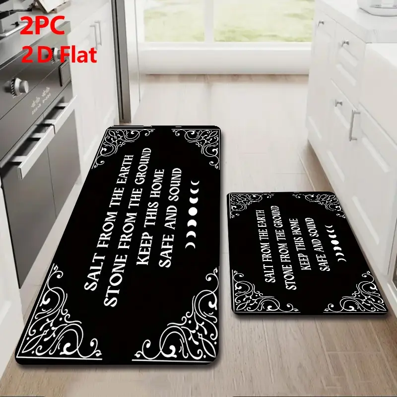 2pcs/3pcs Flannel Kitchen Mat Set, Base with Vintage Border, Mystical Text & Moon Phase Design, Non-Slip, Absorbent
