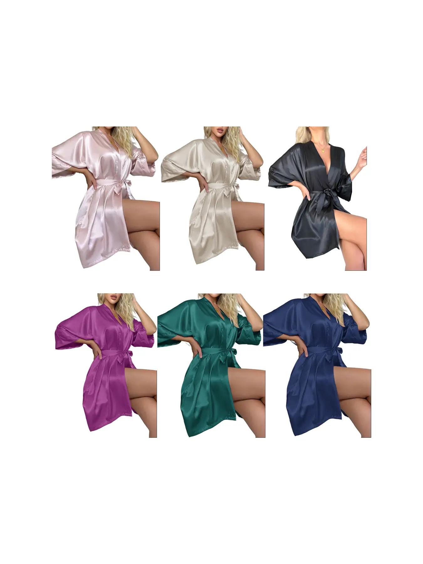 Women's Solid Belted Satin Robe, Chic Elegant Fit 3/4 Sleeve Open Front Night Robes for Bridal Party, Bridesmaid Robes, Women's Wrap Sleepwear & Loungewear, Nightwear