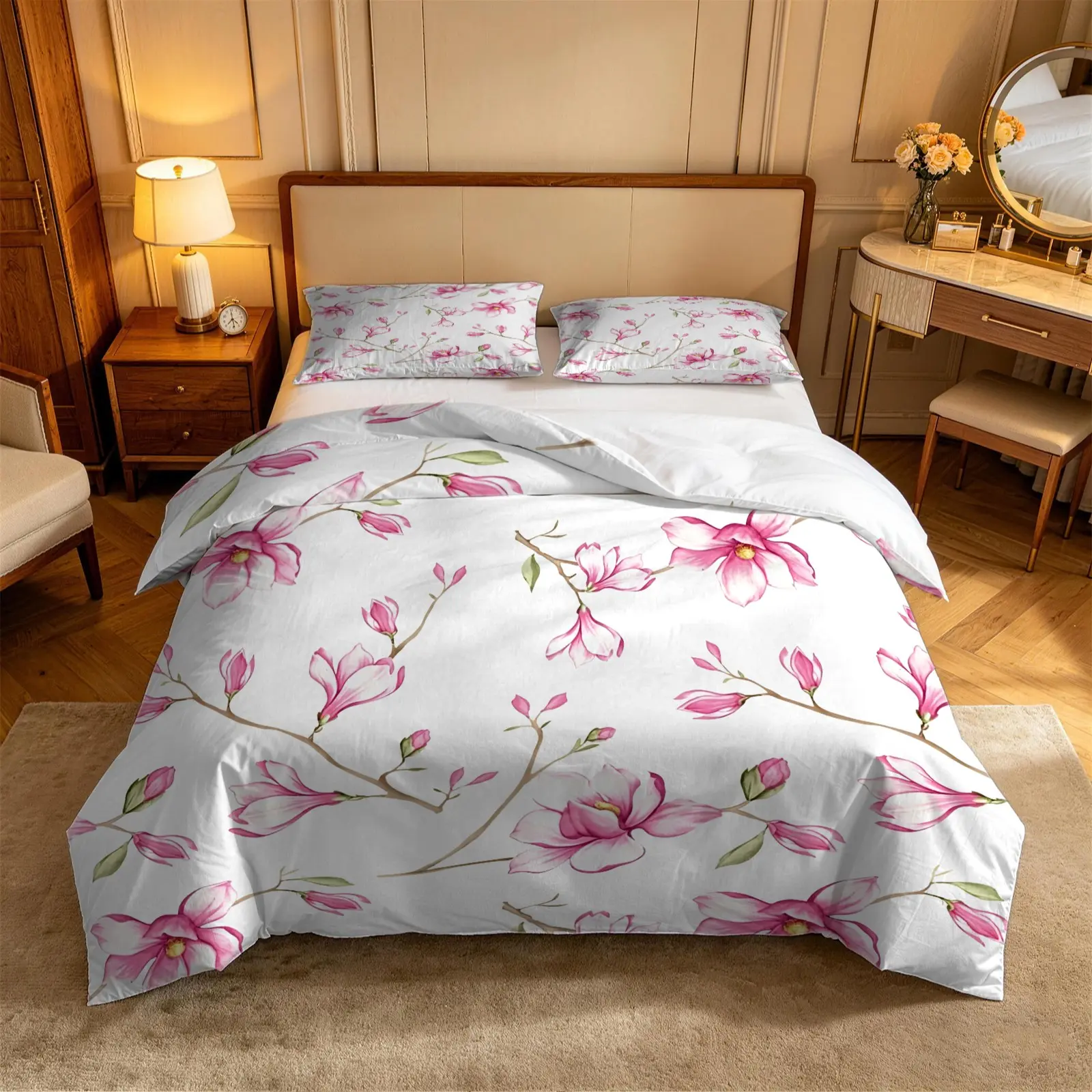 Luxury 2/3Piece Marble & Floral Bedding Set – Spring & Summer Collection Soft Duvet Cover, Deep Pocket Fitted Sheet & Pillowcases, Lightweight Breathable Hotel-Quality Comfort