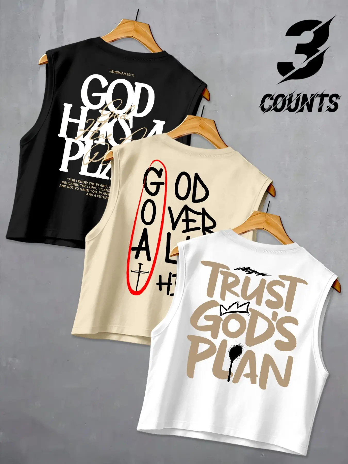 Men's 3 Pack Cropped Sleeveless Tank Tops, God Has A Plan Trust God's Plan Faith Letter Back Print, Christian Casual Summer Fitness Gym Vests for Men