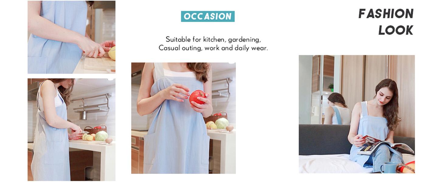 Cotton Linen Apron Cross Back Apron for Women with Big Pockets Square Pinafore Dress for Baking Cooking BBQ & Grill