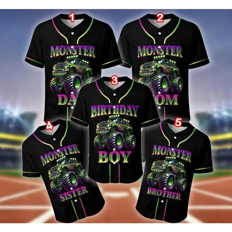 Monster Truck Novelty Print Baseball Jersey - Short Sleeve Tops for Male, Breathable, Machine Washable Family Matching Birthday Apparel