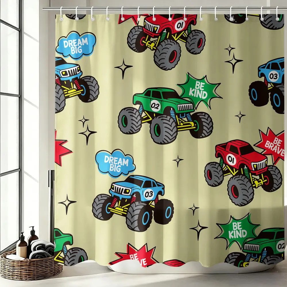 1Pcs Kids Monster Truck Shower Curtain, Decorative Shower Curtain, Waterproof Cloth Fabric Bathtub Privacy Curtain for Boys Bathroom Decor Set, Fun Racing Car Theme Bathroom Accessories, Washable with 12 Hooks