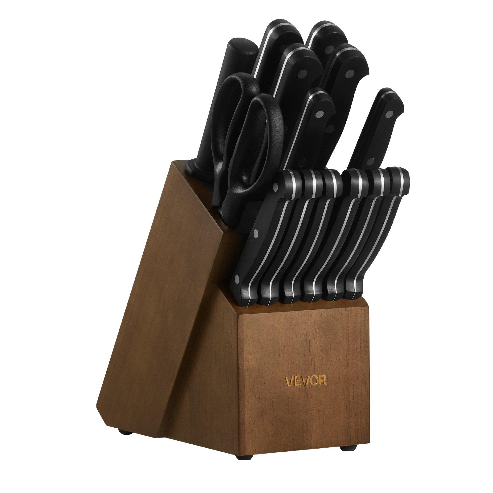 VEVOR Kitchen Knife Set with Block and Sharpener, 15 Piece German High Carbon Stainless Steel Knife Set, Kitchen Cutlery with ABS Ergonomic Handle, Sharpening Rod and Wooden Block, for Home Cooks VEVOR Kitchen Knife Set with Block and Sharpener, 15 Piece German High Carbon Stainless Steel Knife Set, Kitchen Cutlery with ABS Ergonomic Handle, Sharpening Rod and Wooden Block, for Home Cooks