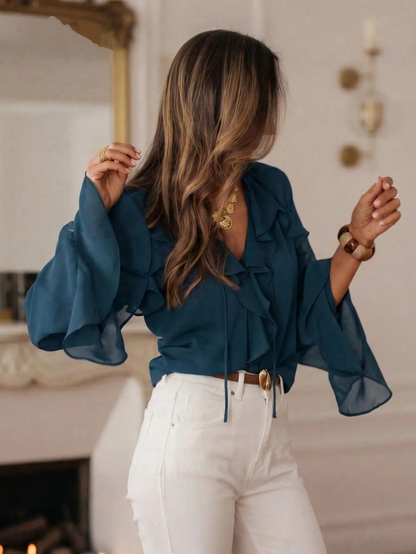 Women's V Neck Ruffle Chiffon Shirt, Elegant Semi-Transparent Bell Sleeve Top, Boho Style Blouse for Office, Vacation, Party, Casual Wear