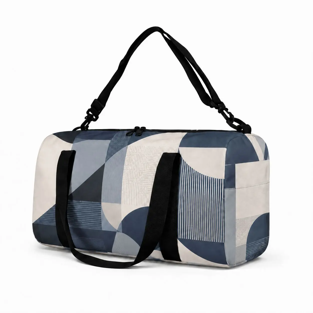 Blue Geometric Weekender Bag for Men Women, Smooth Polyester Fabric, Dual Carry Handles, Adjustable Shoulder Strap, Top Zip Closure, Twin Pulls and Side Pocket for Overnight Stays, Gym Sessions, Road Trips, Campus Use, City Commutes and Vacation Packing