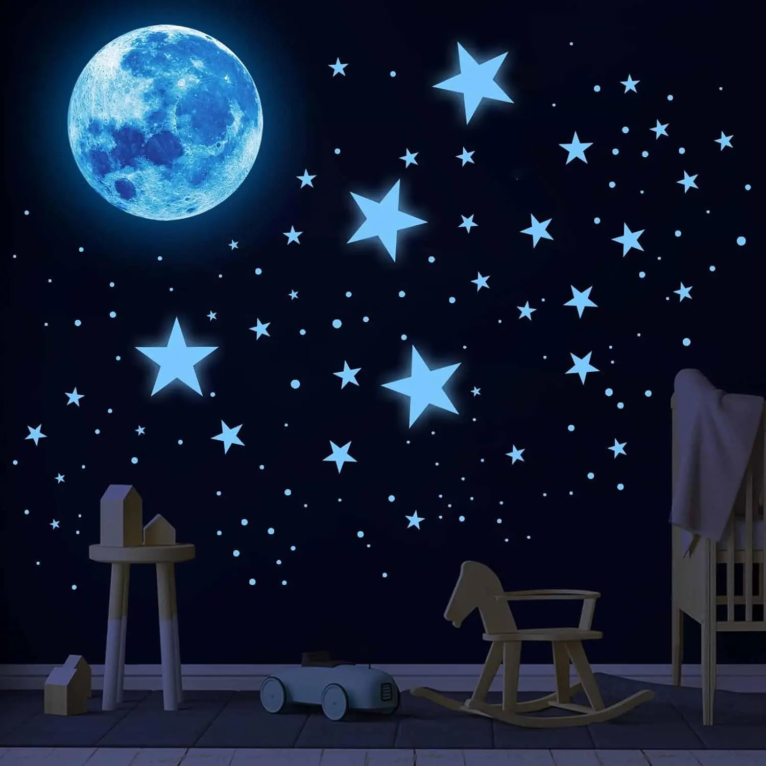 1008 Count Glow in The Dark Stars, Glow in The Dark Moon for Ceiling Planets Space Wall Stickers Solar System Galaxy Wall Decals for Boys Bedroom Living Room Decoration -Blue