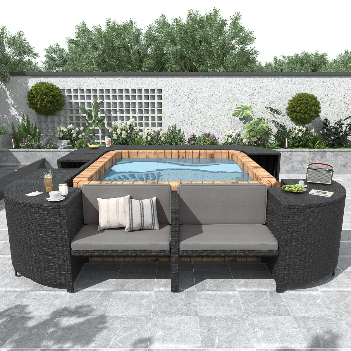 AobtkelSpa Surround Spa Frame Quadrilateral Outdoor Rattan Sectional Sofa Set with Mini Sofa, Wooden Seats and Storage Spaces, Grey    RR