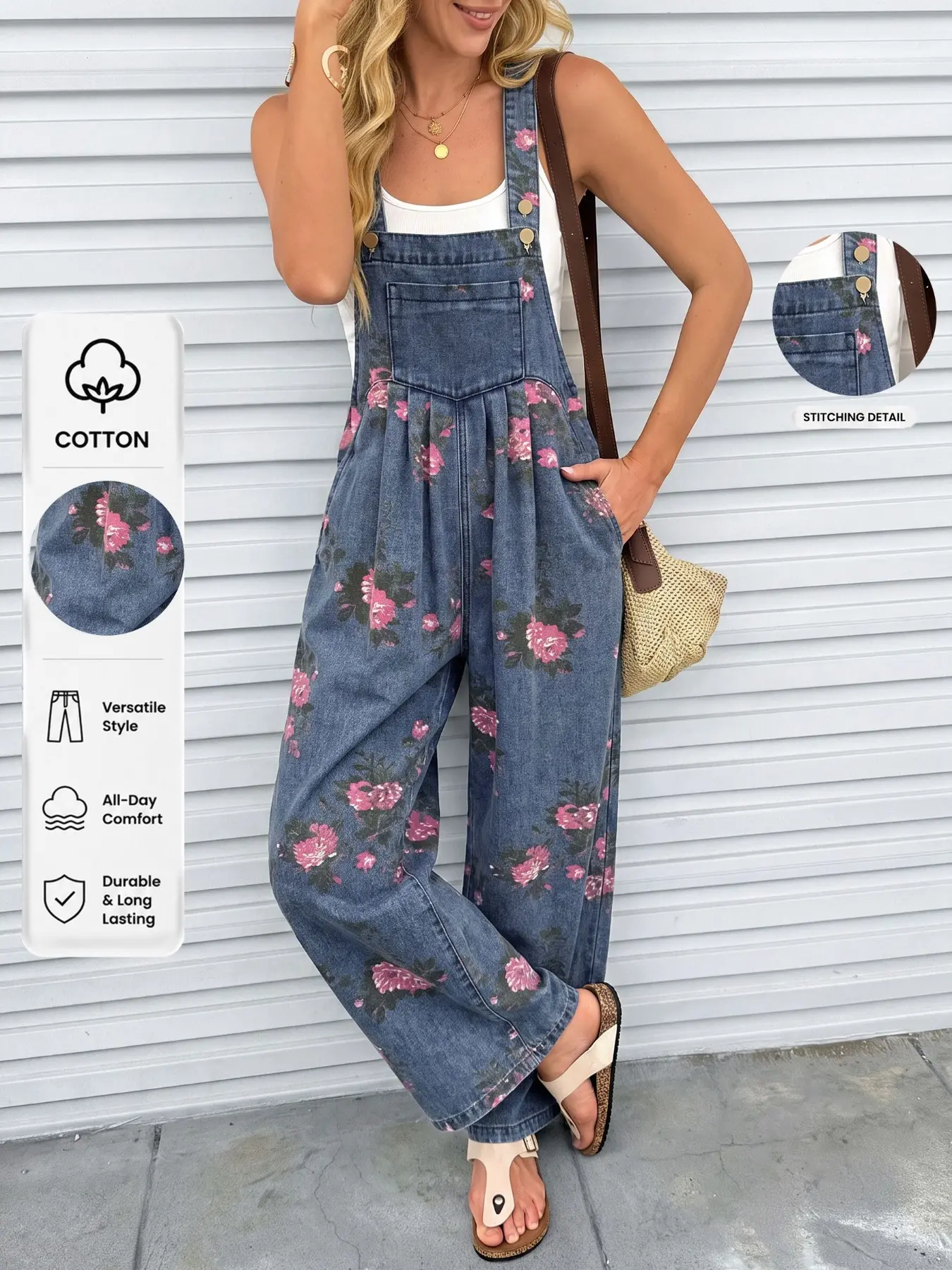 Floral Print Denim Overalls for Women – Slimming Chic Street Style Jumpsuit, Trendy Casual Summer Bottoms, All-Season Wear
