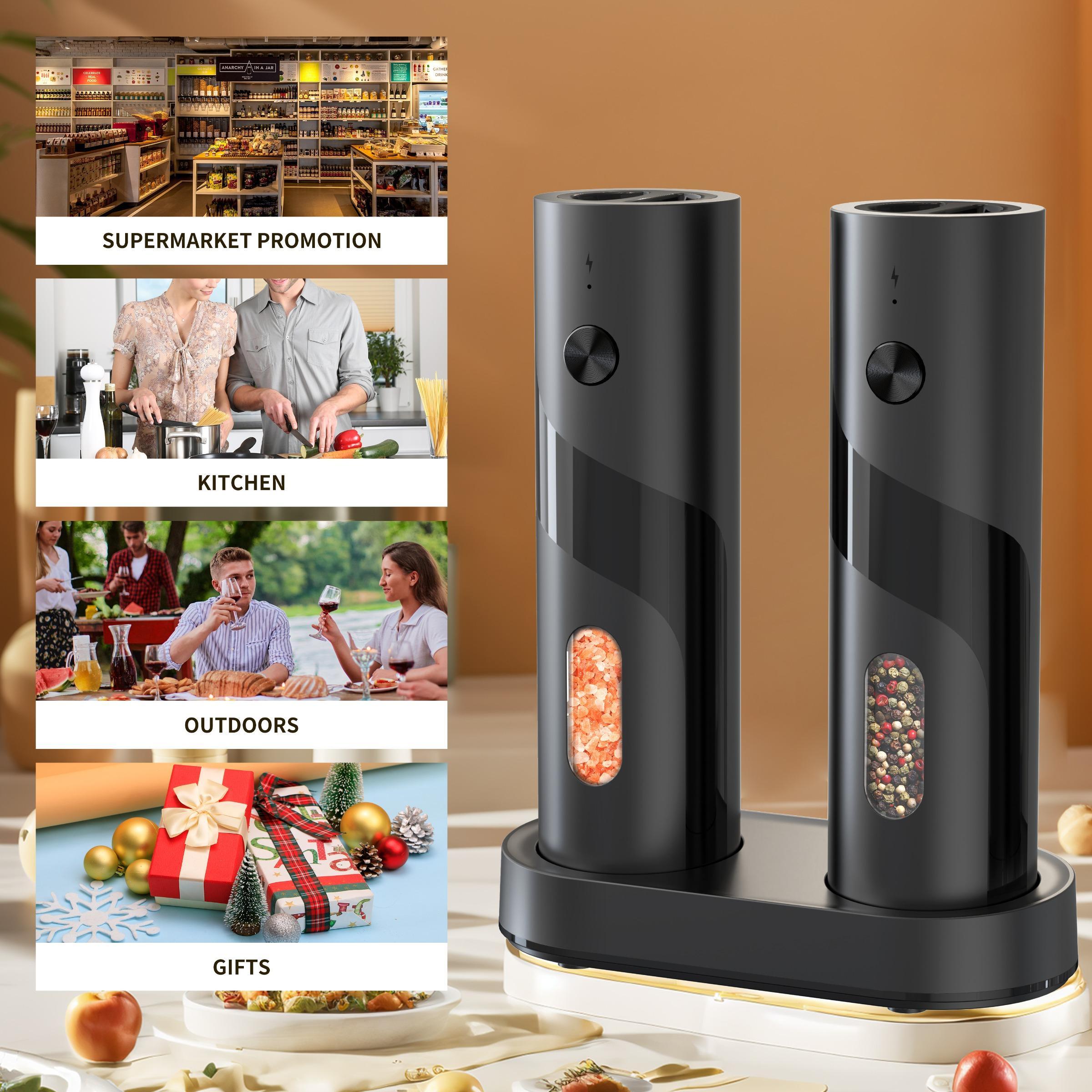 Modern Electric Salt & Pepper Grinding Tool Set, 1 Set Including 2 Counts Usb Rechargeable Seasoning Grinding Bottles with 1 Count Storage Base, Kitchen Seasoning Utensils, Kitchen Appliances, Kitchen Gadgets, Gifts, Salt Pepper Shakers