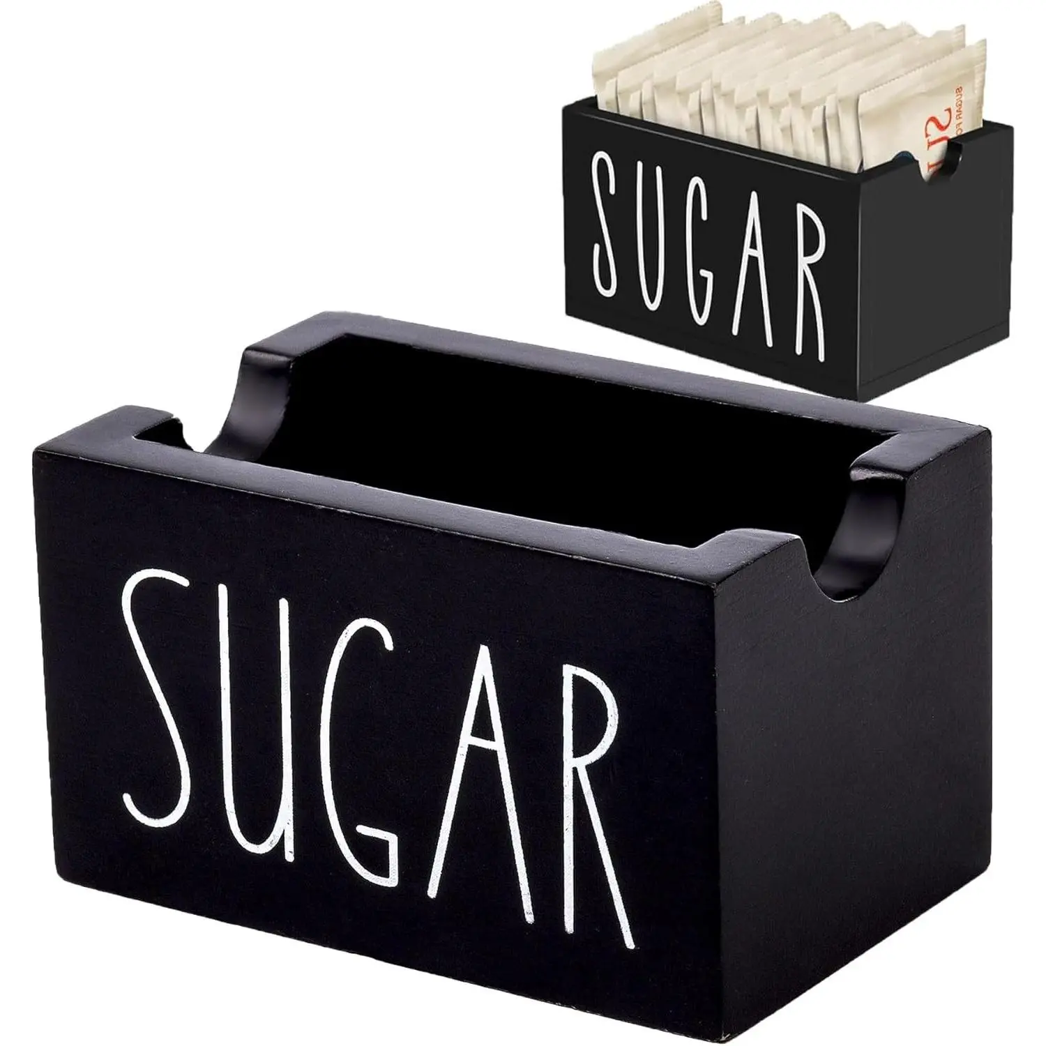 Black Farmhouse Wooden Sugar Packet Caddy, Sugar Cube Holder & Tea Bag Organizer, Small Sugar Container for Coffee Bar, Table, Office, Hotel, Restaurant