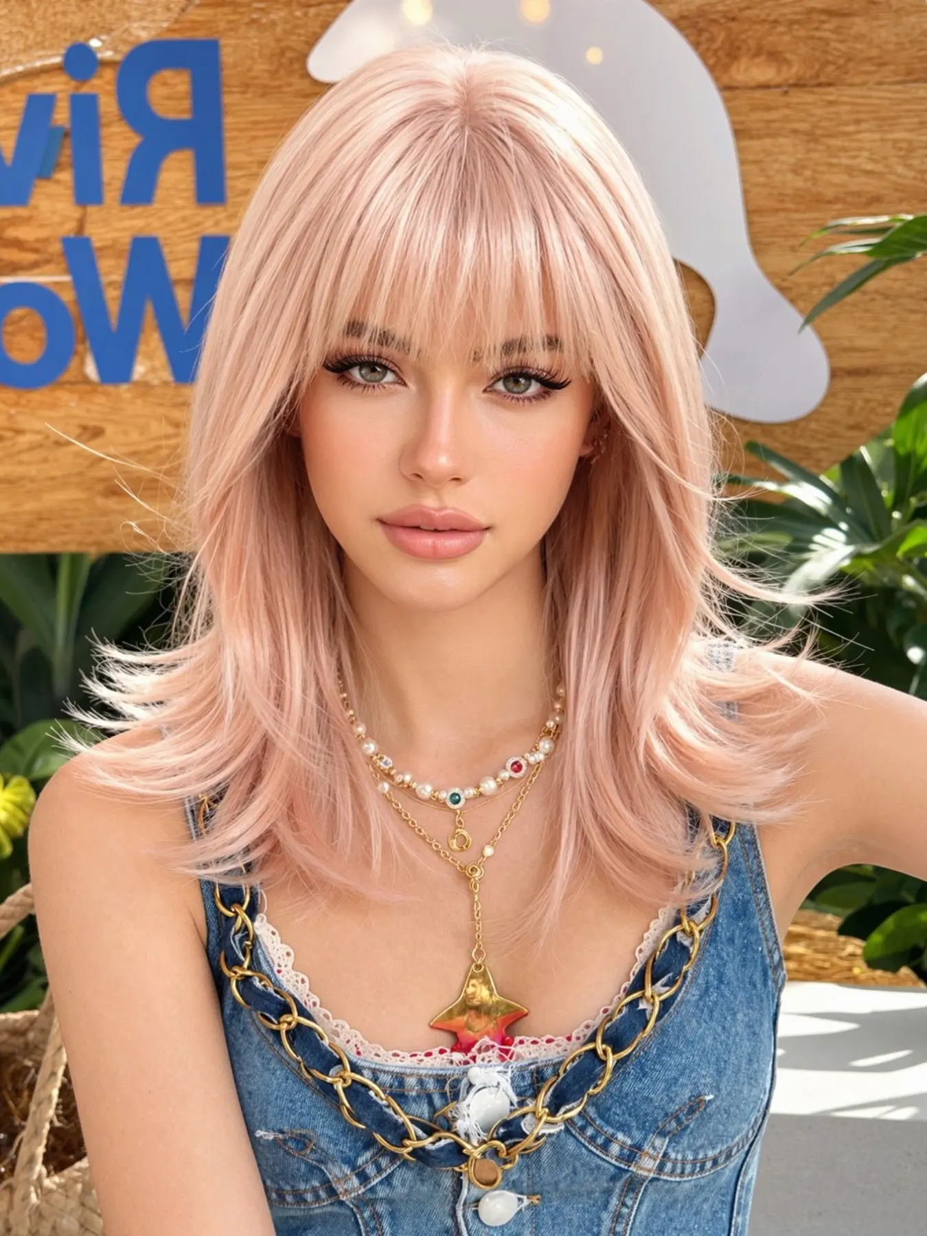 Short Light Pink Wave Synthetic Wigs with Bangs Rose Gold Lolita Natural Hair Wigs for Women Cosplay Daily Party Heat Resistant