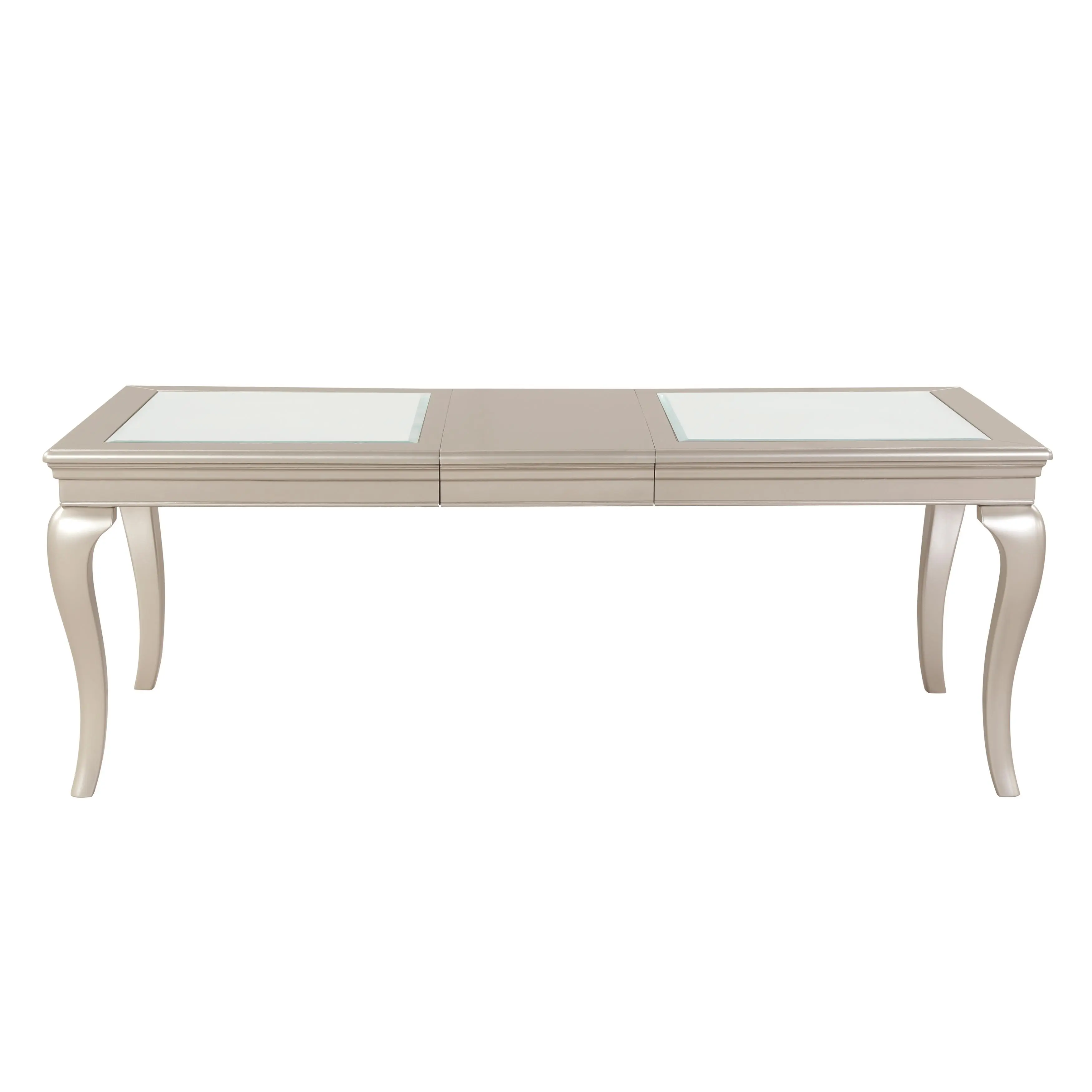 ARCH Traditional Rectangular Wood Blend Dining Table - Extensible Leaf, Cabriole Legs, Glass Inserts, Silver Finish, Seats 6, 42W x 84D x 30.5H in, Indoor Dining Room Furniture