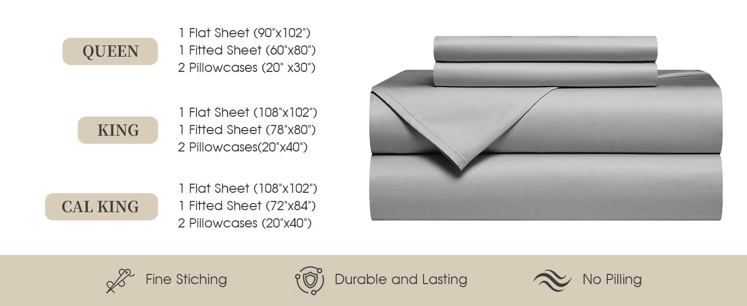 Cooling Sheets Queen – Rayon Derived from Bamboo, Silk Soft & Breathable, Luxury Sheet Set, Deep Queen Sheets Fits 18"–24" Thick Mattress - Light Grey