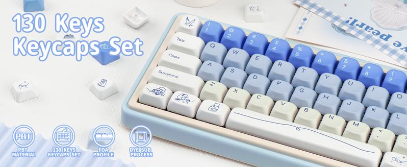 Blue White PBT Keycaps, MOA Profile, Custom Keyboard Keycap, Minimalist Style Dye Sub Keycaps, 130 Keys Anime Keycap Set for Cherry Gateron MX Switches Gaming Keyboard