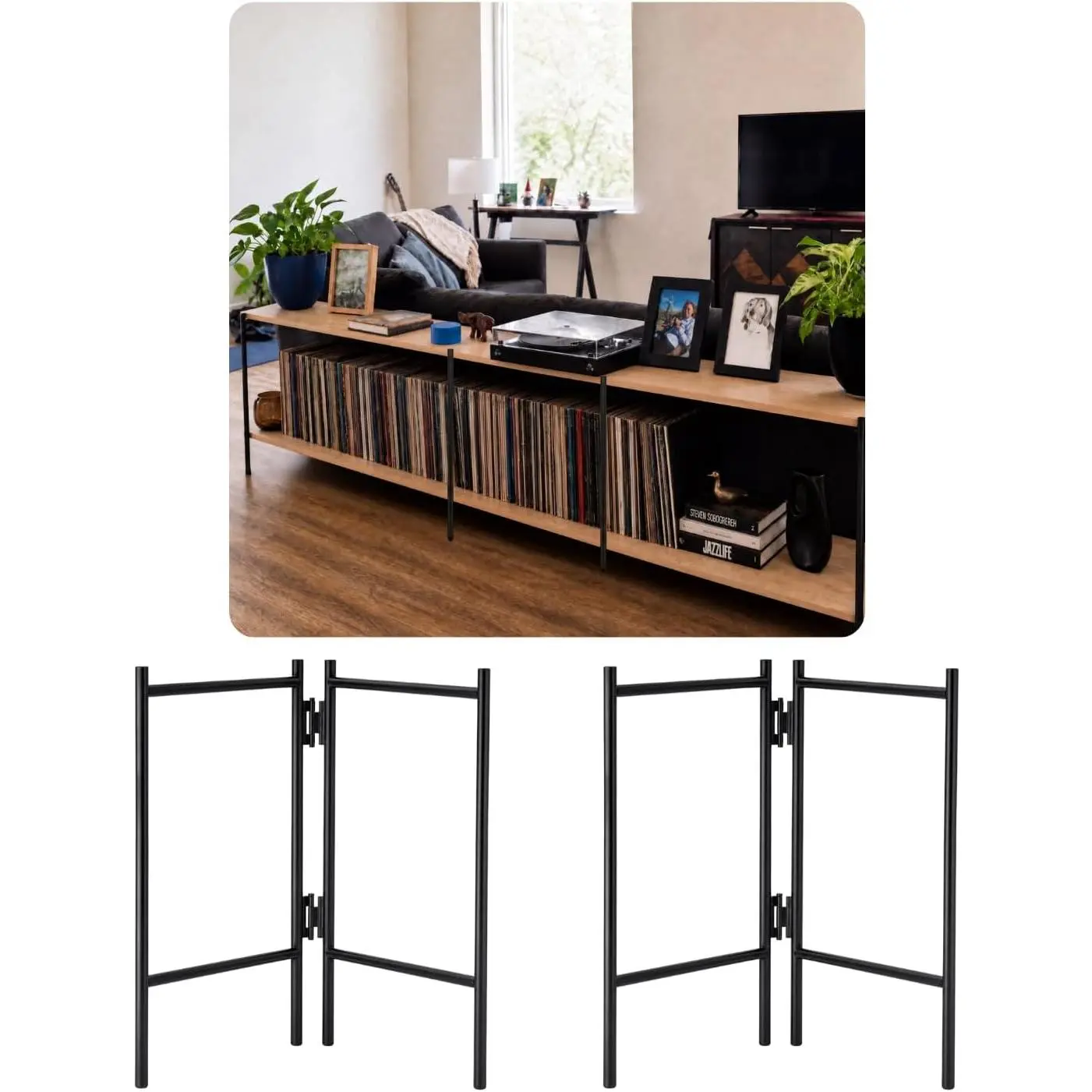 2 Tiered Industrial Metal Bookshelf Frame, 2 Pack Modular DIY Shelving System, Adjustable & Expandable Shelf Brackets for Vinyl Record Storage Books Comics & Board  (Whithout  Planks)