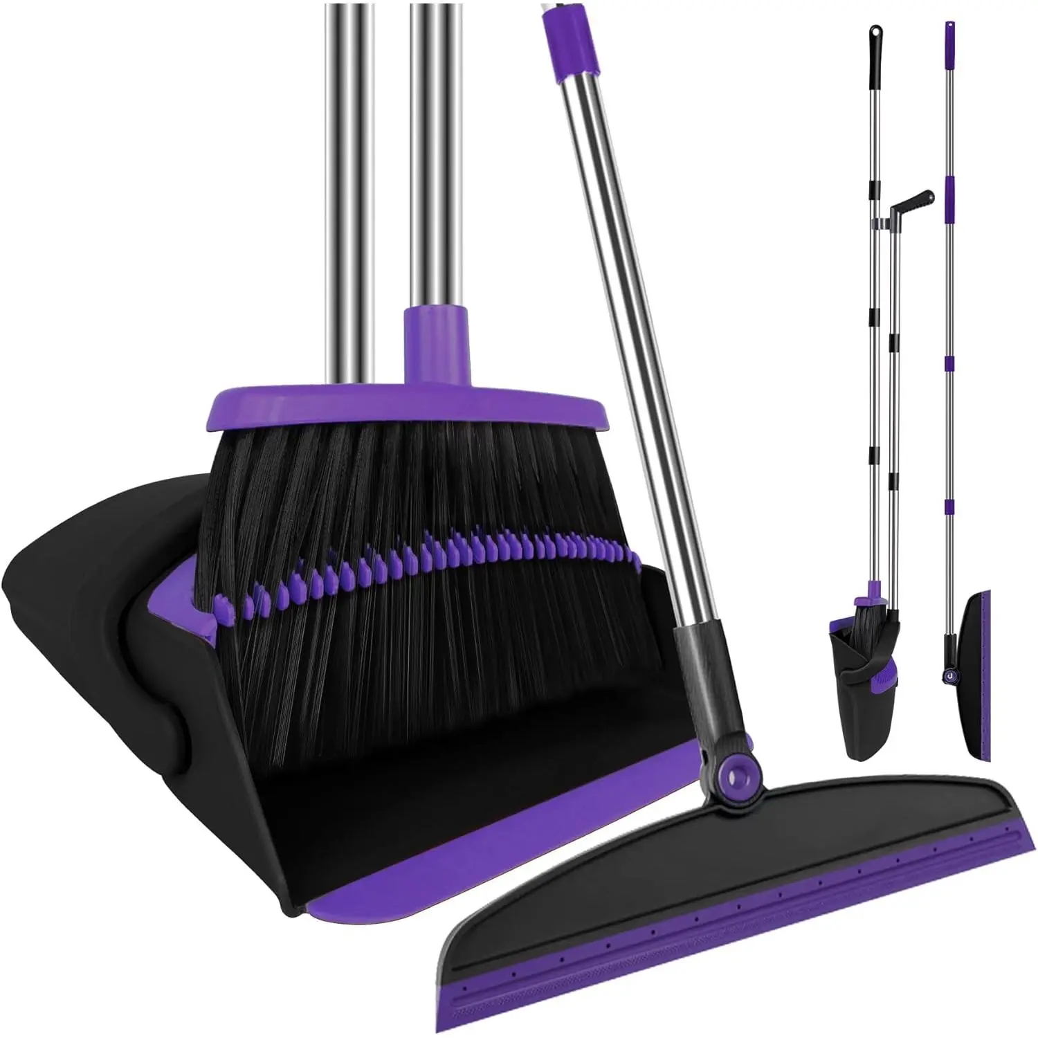 51 in Long Handle Broom Dustpan Set Combo, Purple Household Kit with Silicone Bristles Air Broom & Floor Squeegee for Pet Hair, Glass Window Cleaning