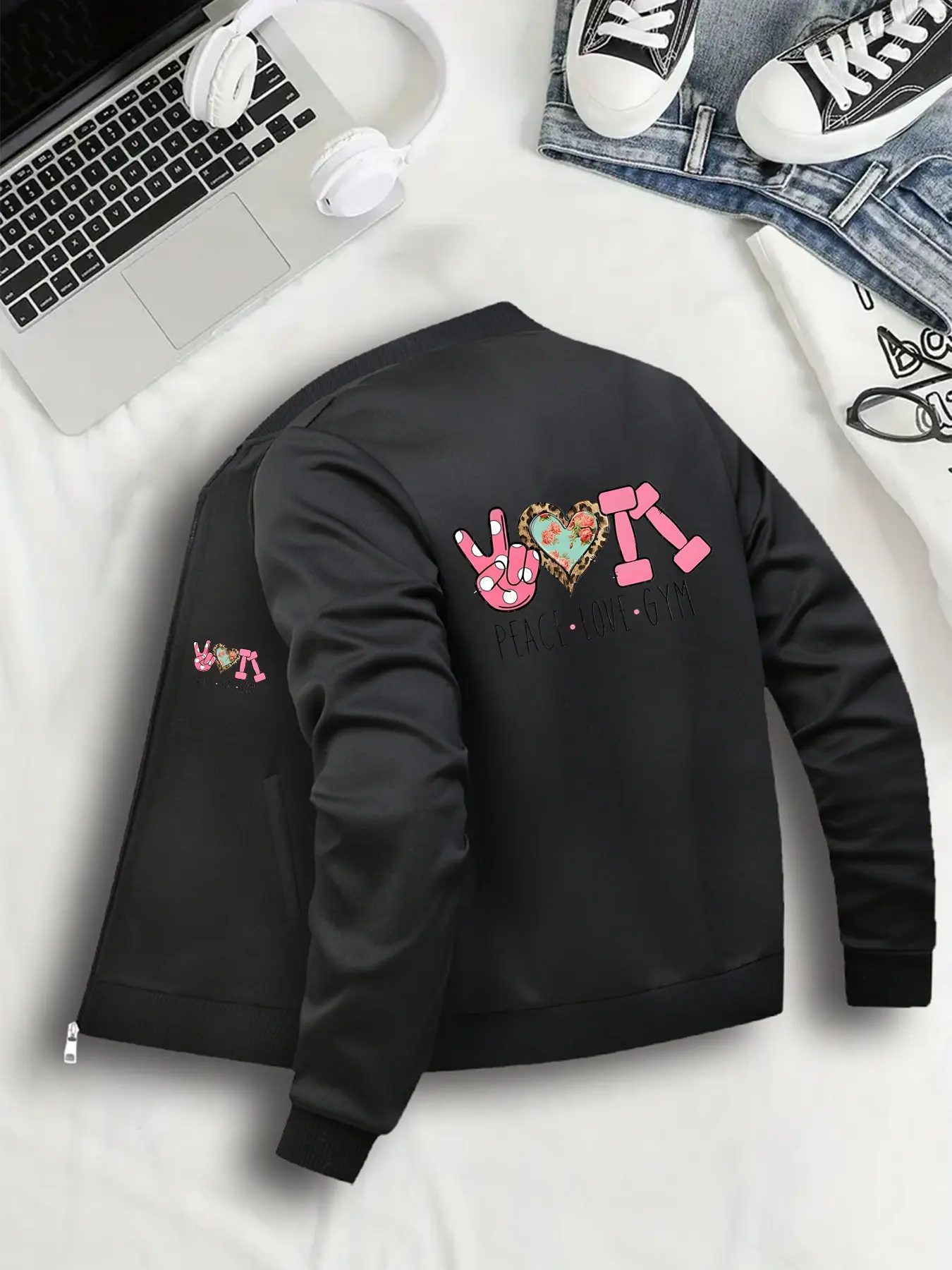 Women's Fitted Jacket Peace Love Gym Cartoon Pattern Baseball Collar Zipper Closure Pockets Casual Outerwear S Xxl