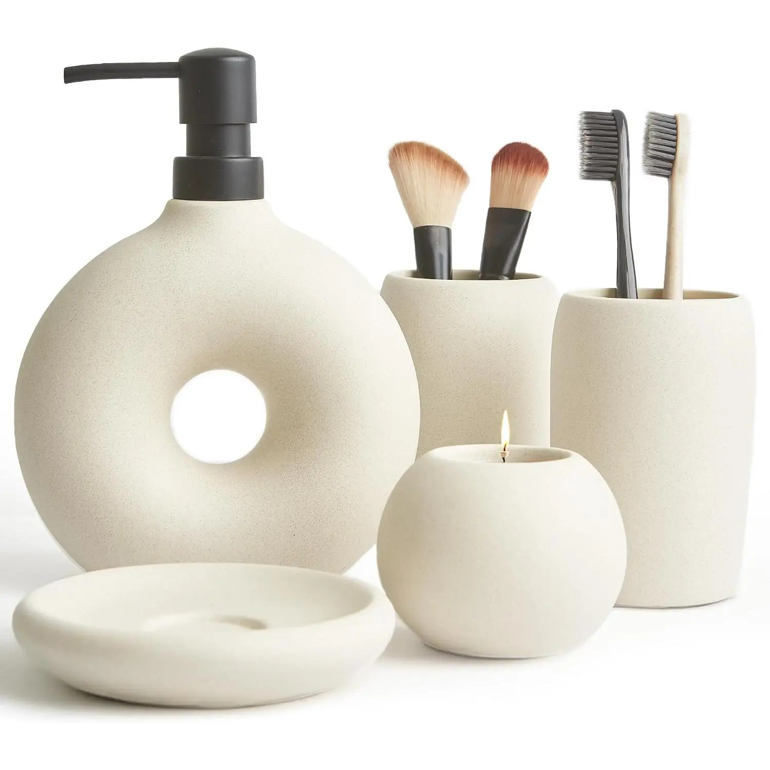 Ceramic Bathroom Accessory Set, 5 Pcs - Soap Dispenser 16 Oz, Toothbrush Cup, Toothbrush Holder, Soap Dish, Candle Holder - Beige, Boho Bathroom Sink Decor, Modern Countertop Accessories