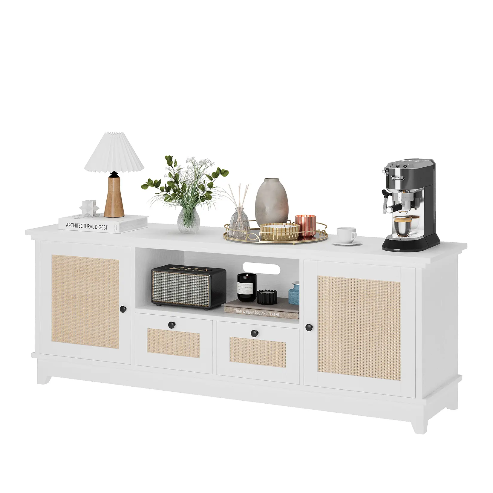 Garvee Modern Boho Rattan TV Stand Fits 65–70 Inch Televisions, Low Profile Media Console with Storage Drawer, Adjustable Shelf & Closed Cabinets, Stylish Entertainment Center for Living Room & Bedroom