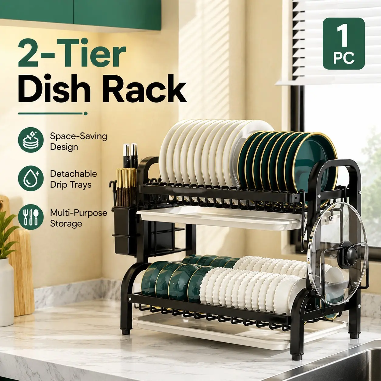 Kitchen Storage Rack, Bowl Dish Drainer, Multi-Functional Organizer, Chopstick Knife Cutting Board Holder, Drying Washing Bowl Stand, Kitchen Supplies