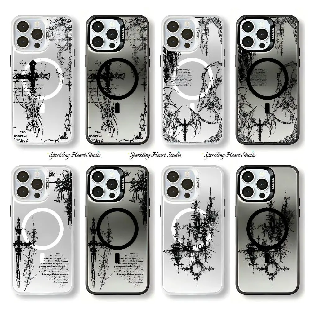 Retro Cyber Sigilism Gothic Cross MagSafe Phone Cases For iPhone 17 16 15 14 13 12 Promax Pro Plus Air Aesthetic Anti-Drop Black White Imd Mattle Casing Cover Shells Daily Accessory Gift