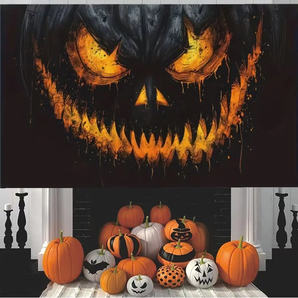 Dark, Creepy and Spooky Halloween Pumpkin Face Background Banner, Polyester Material, Suitable for Room, Balcony, Studio, Home Wall Decoration, Halloween Horror Party Supplies, Photography Backdrop, Escape Room Haunted House Outdoor Activity Decorations