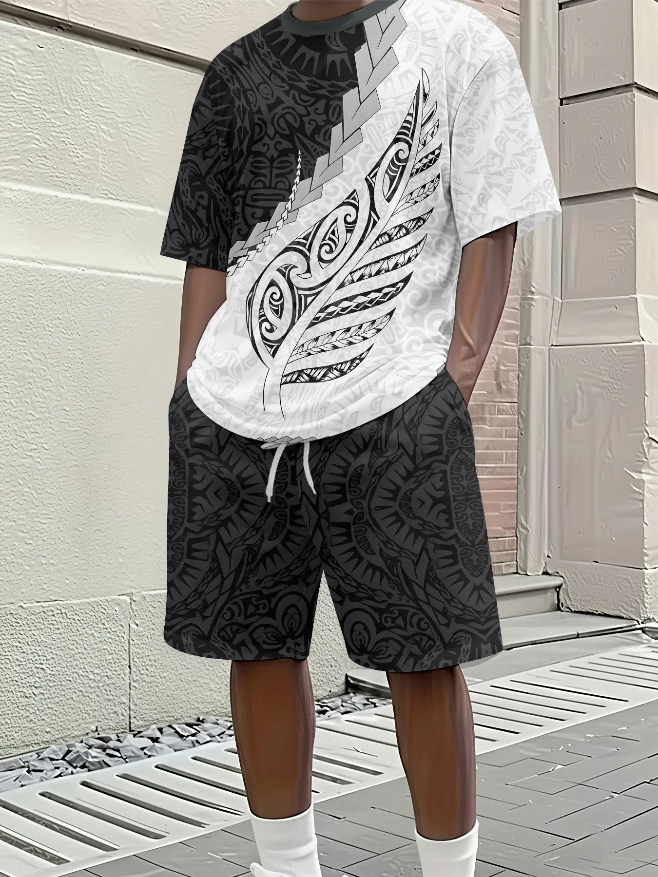 Men's Tribal Totem Fern Leaf 3D Digital Print Set, Polynesian Style Drawstring Polyester, Casual Loose-Fit Short Sleeve T-Shirt and Shorts