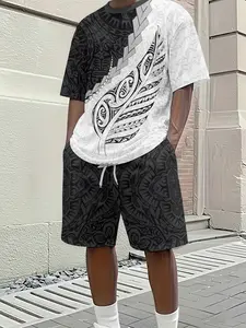 Men's Tribal Totem Fern Leaf 3D Digital Print Set, Polynesian Style Drawstring Polyester, Casual Loose-Fit Short Sleeve T-Shirt and Shorts
