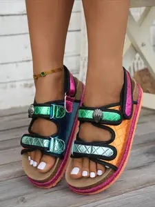 Color-block ankle strap wedge sandals with layered platform sole, comfy for casual daily wear.