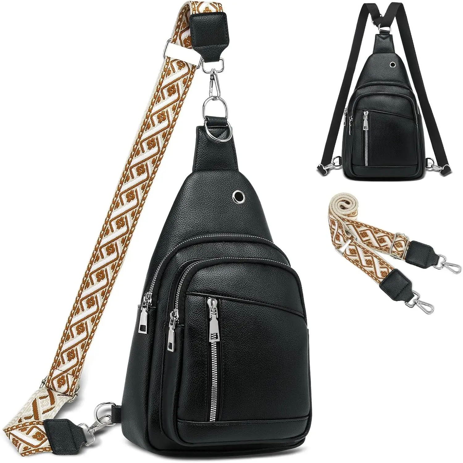 Small Sling Bag 2 in 1 PU Leather 8.3", Black | Convertible Crossbody Bags, Anti  Fanny Pack Backpack with 2 Removable Straps for Hiking Cycling