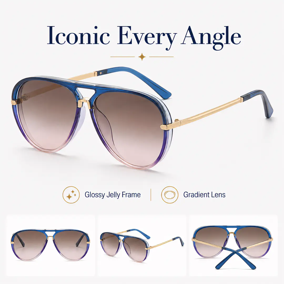 Retro aviator sunglasses, oversized pilot-style shades, and new Western-style sunglasses-featuring the 2026 trendy multi-color gradient design; casual, street-style outdoor sunglasses with a summery vibe.