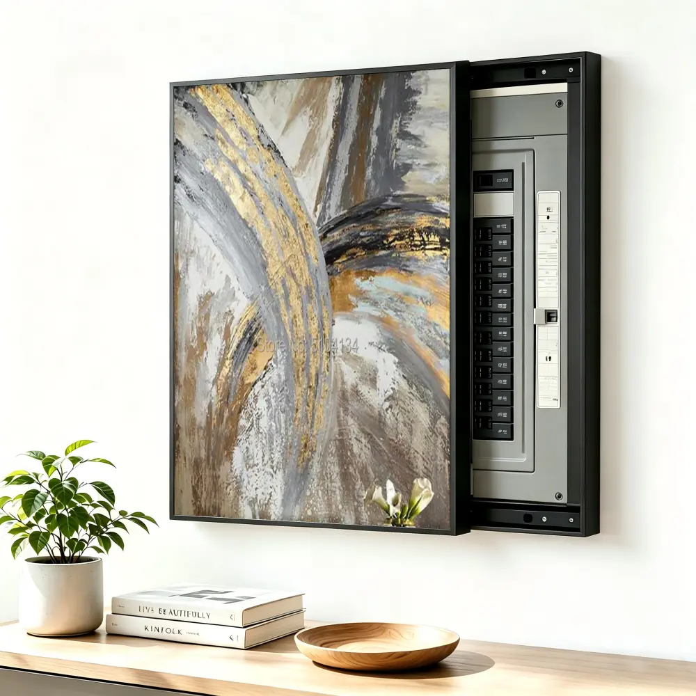 ElectricalPanel Cover Decorative Breaker Box Cover Fuse Box Cover Abstract Gold Gray Brushstroke Art Aluminum Alloy Frame With High Quality Canvas, LivingRoom Home Office