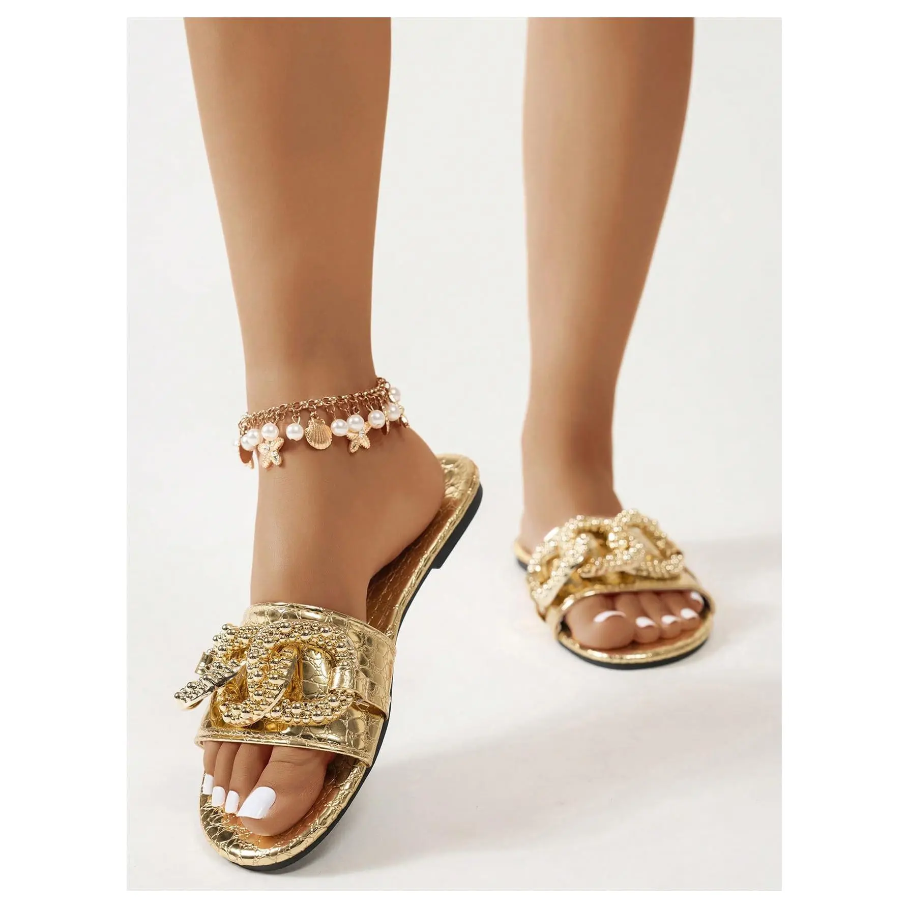 Gold Chain Crocodile Embossed Sandals Dressy Metallic Flats Open Toe Slides