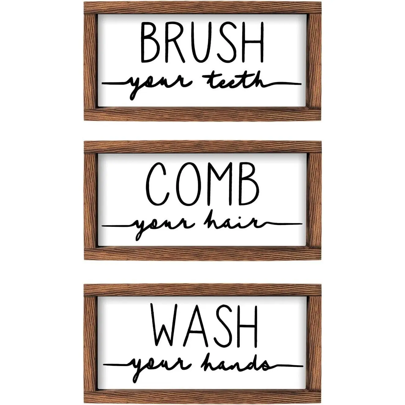 Bathroom Sign & Plaque (Set of 3) Wash Your Hands Brush Your Teeth Comb Your Hair Decorative Rustic Wood Farmhouse Bathroom Wall Decor (White)