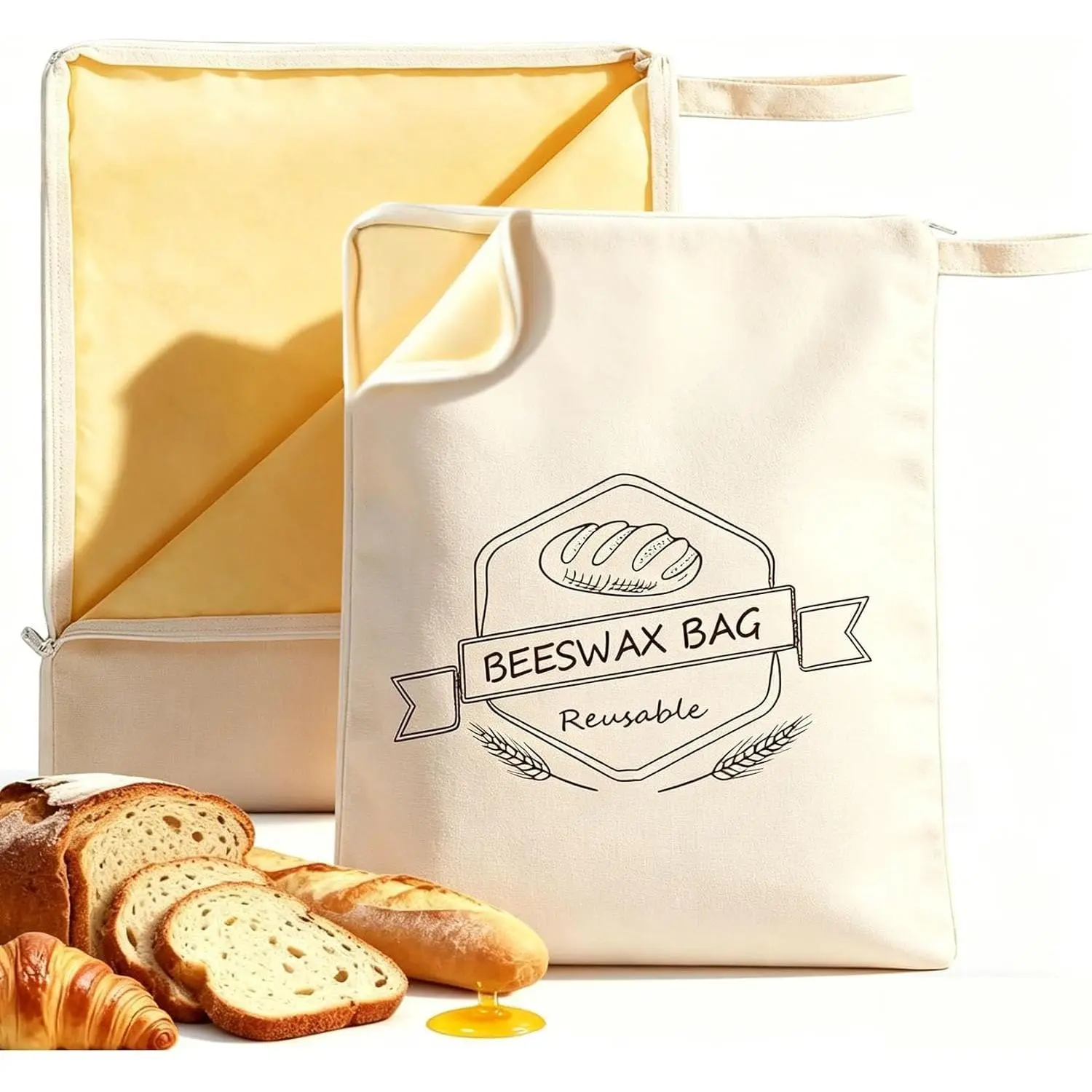 2 Pack Beeswax Bread Bags for Sourdough with Wide Zipper Access |  Linen  Bread Bags for Homemade Bread,Keep Loaves