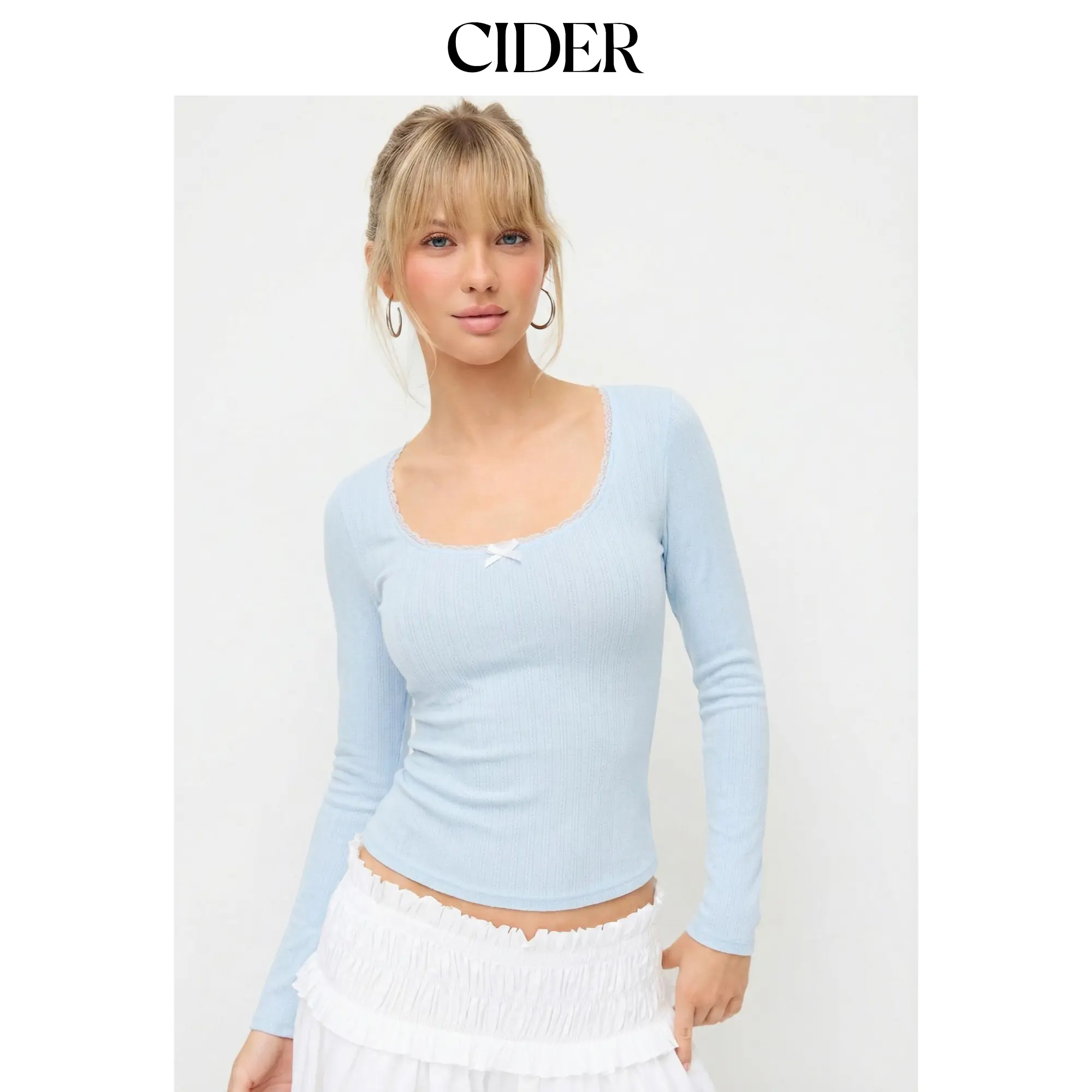 Cider Pointelle U-neckline Bowknot Lace Tee SummerFinds