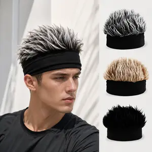 Men’s Funky Faux Fur Knit Beanie Hat, Straight Hair No Brim Black White Design, Hip Hop Accessory Ideal for Cosplay and Party Events
