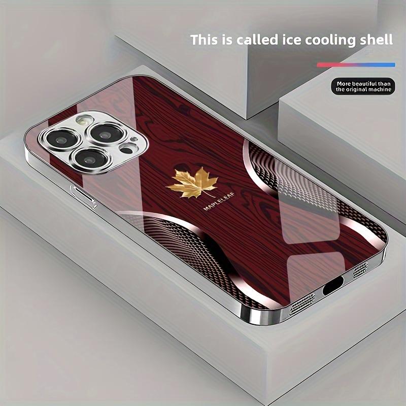 High-end electroplated business-style curved gold maple leaf wood grain pattern glass phone case, for iPhone 17 16 15 14 13 12 11 pro max