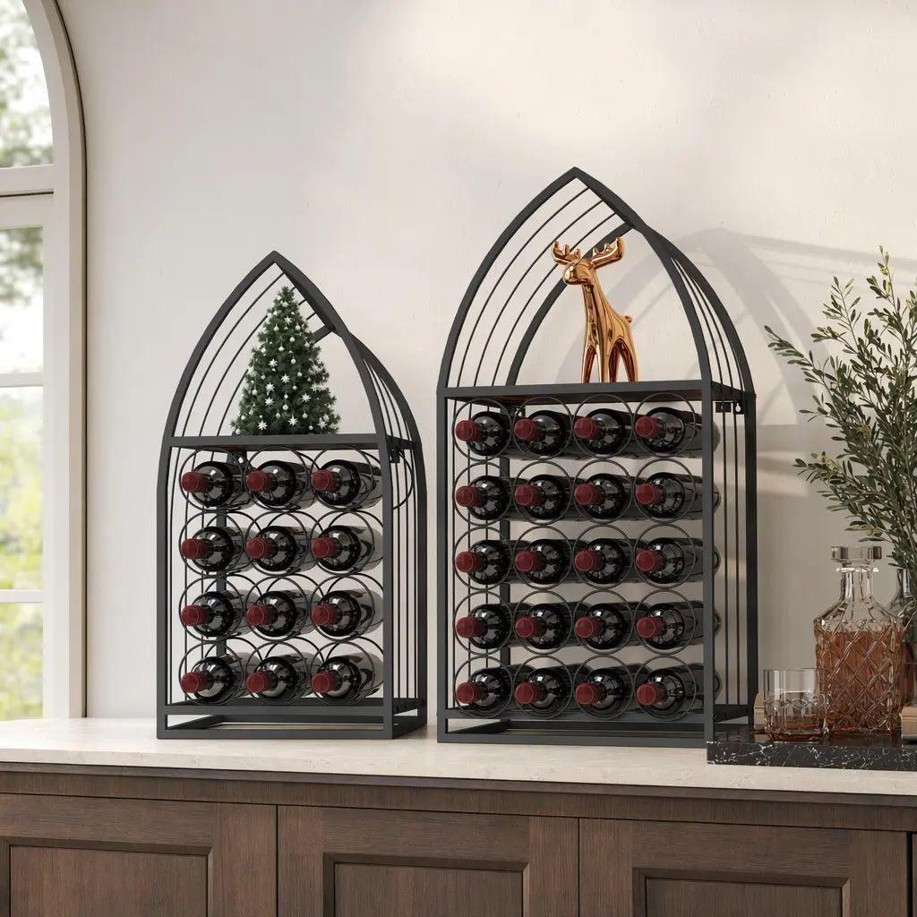 ARCH Sailboat Shaped Wine Cabinet Rack 2 Piece Display Rack Freestanding Wine Bottle Storage Rack for Home Bar Kitchen Dining Room Black Metal and Particle Board Wine Rack Set, Black Color Options, Metal/Particle Board Material, Product Dimensions: