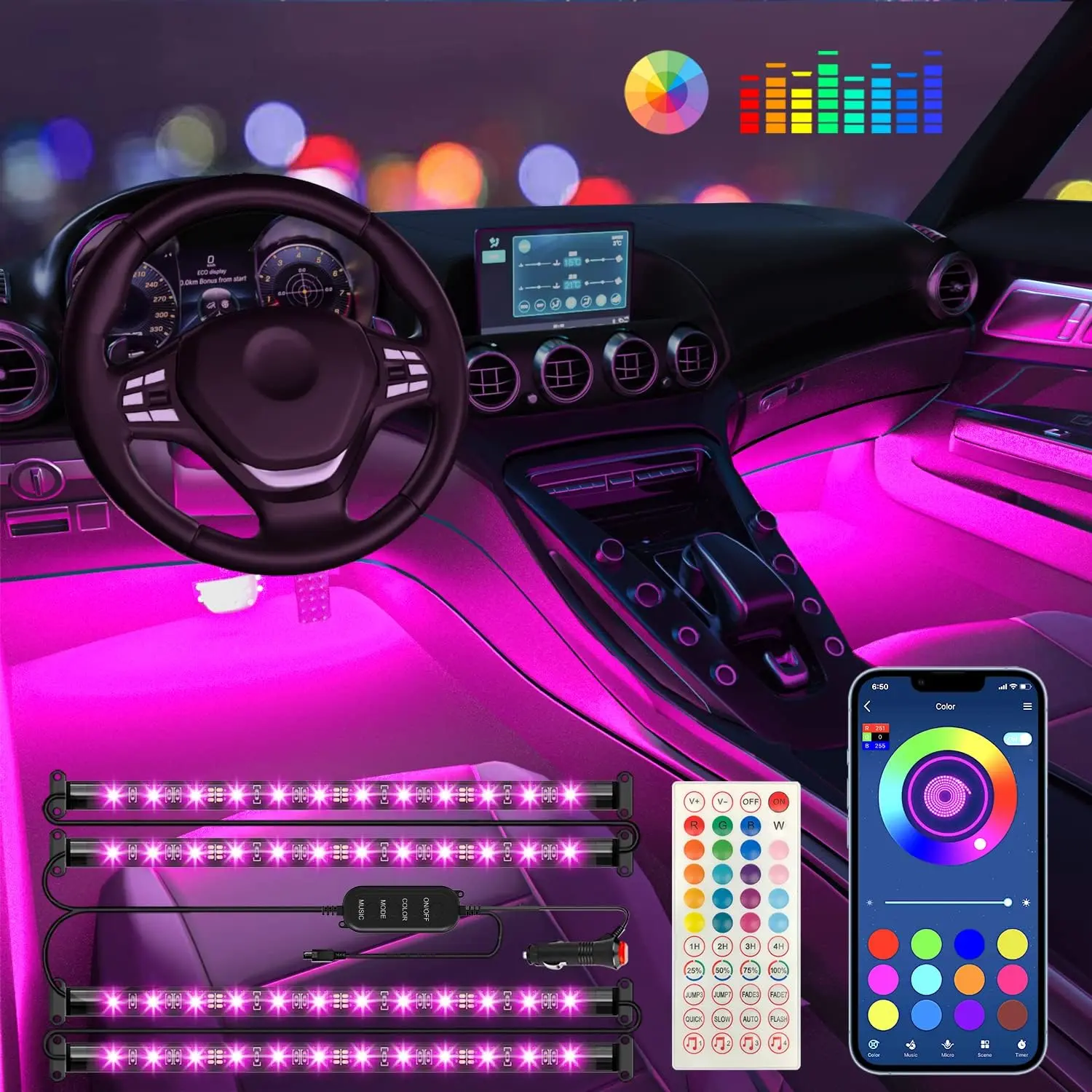 Interior  Lights   Accessories APP Control with Remote  Sync Color Change RGB Under  Lighting with Charger 12V LED Lights Running Board Lights