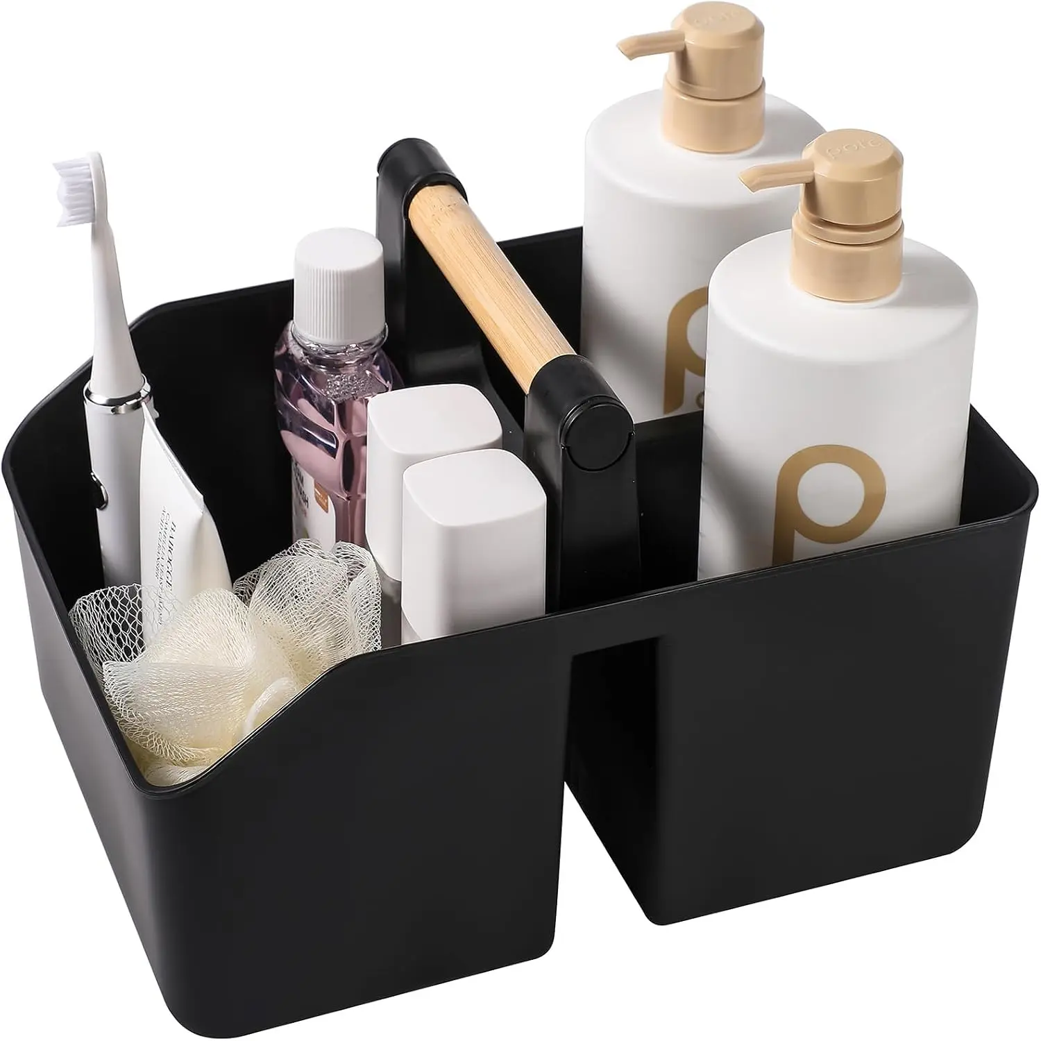 Plastic Shower Caddy, Portable Basket with Bamboo Handle, Black | Cleaning Caddy Organizer Tote for Bathroom, College Dorm Essentials, Bath Toy Storage, Cleaning Supplies
