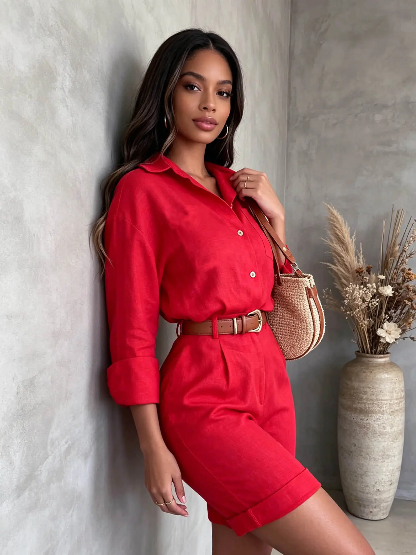 Two-piece women's French vintage solid-color set, Clothes, excluding belt, featuring a long-sleeved shirt and high-waisted shorts, perfect for summer, outdoor activities, seaside vacations, and home leisure
