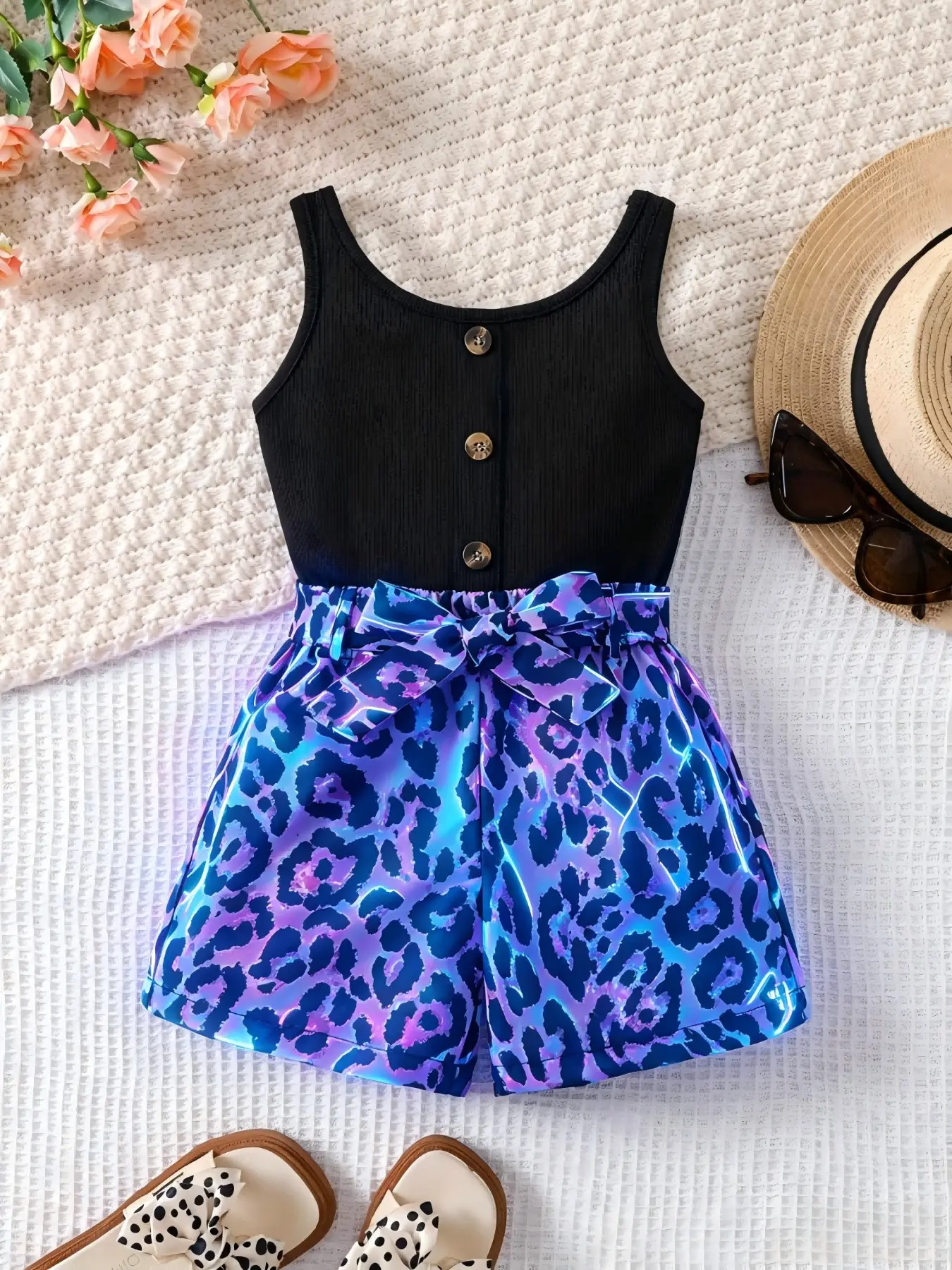 Girls' Fashion Leopard Print Romper, Soft Comfortable Casual, Includes Belt, Perfect for Holidays and Parties