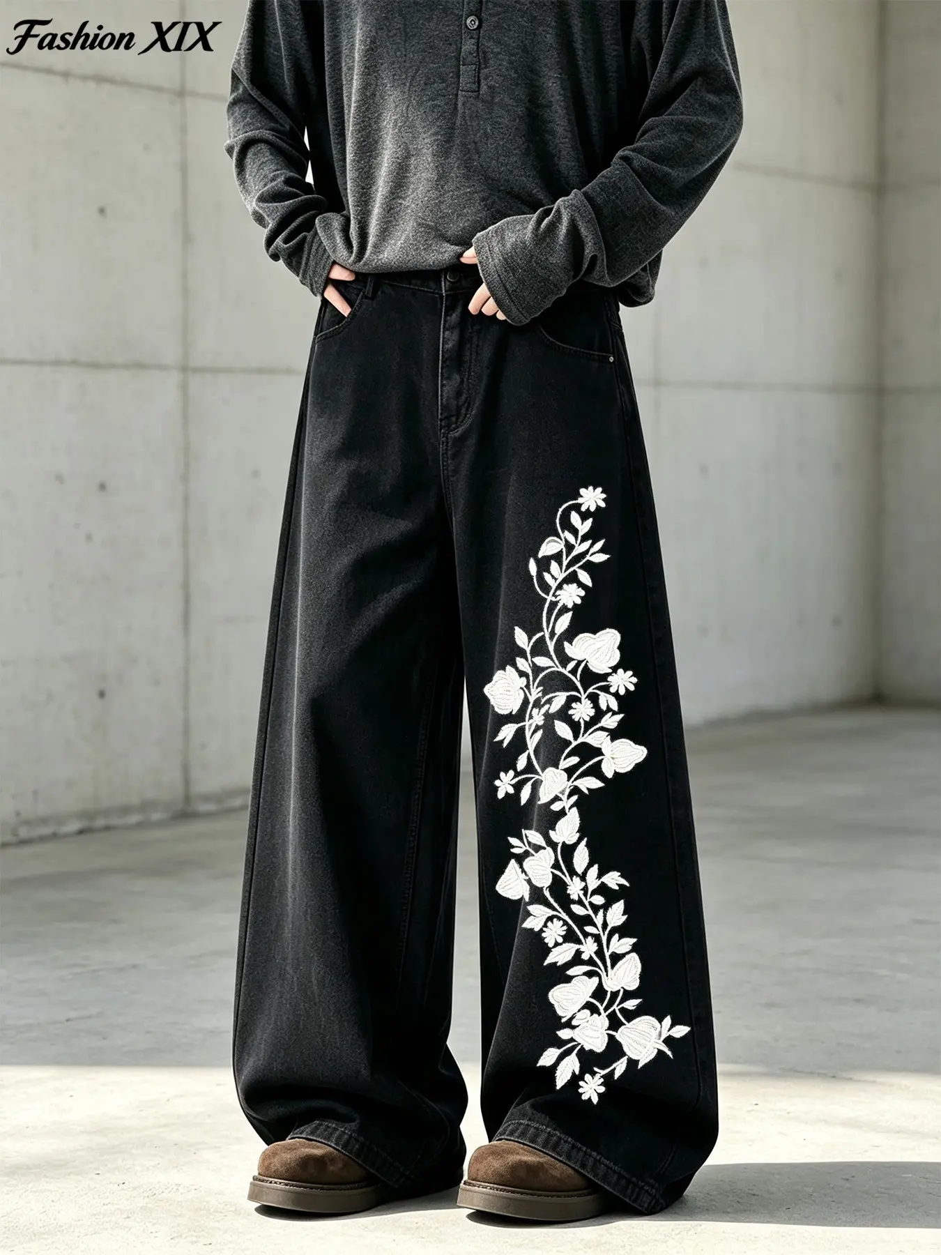 Men Women All-Season Black Washed Floral Vine Embroidery Embroidered Jeans Wide-Leg Baggy Floor-Length Jeans, Vintage Streetwear Loose Casual Daily Denim Trousers for Street Outfits, Grunge, Dark Academia, Indie Aesthetic rare aesthetic