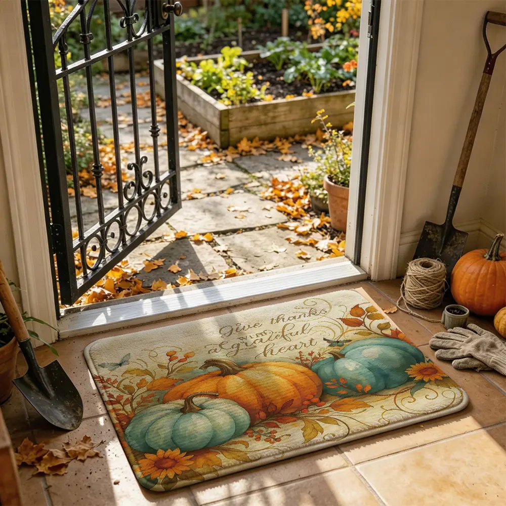 A hand-painted pumpkin-themed autumn-themed kitchen floor mat with a border, anti-slip felt, and silicone. It's soft, can be machine-washed, and is suitable for use as a doormat to prevent dirt, or as a casual floor mat or carpet in bedrooms and ba